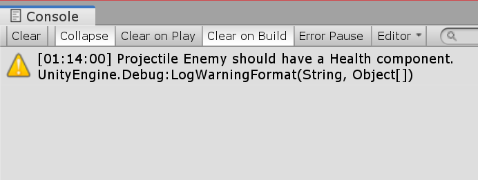 An editor screenshot showing a warning in the console.