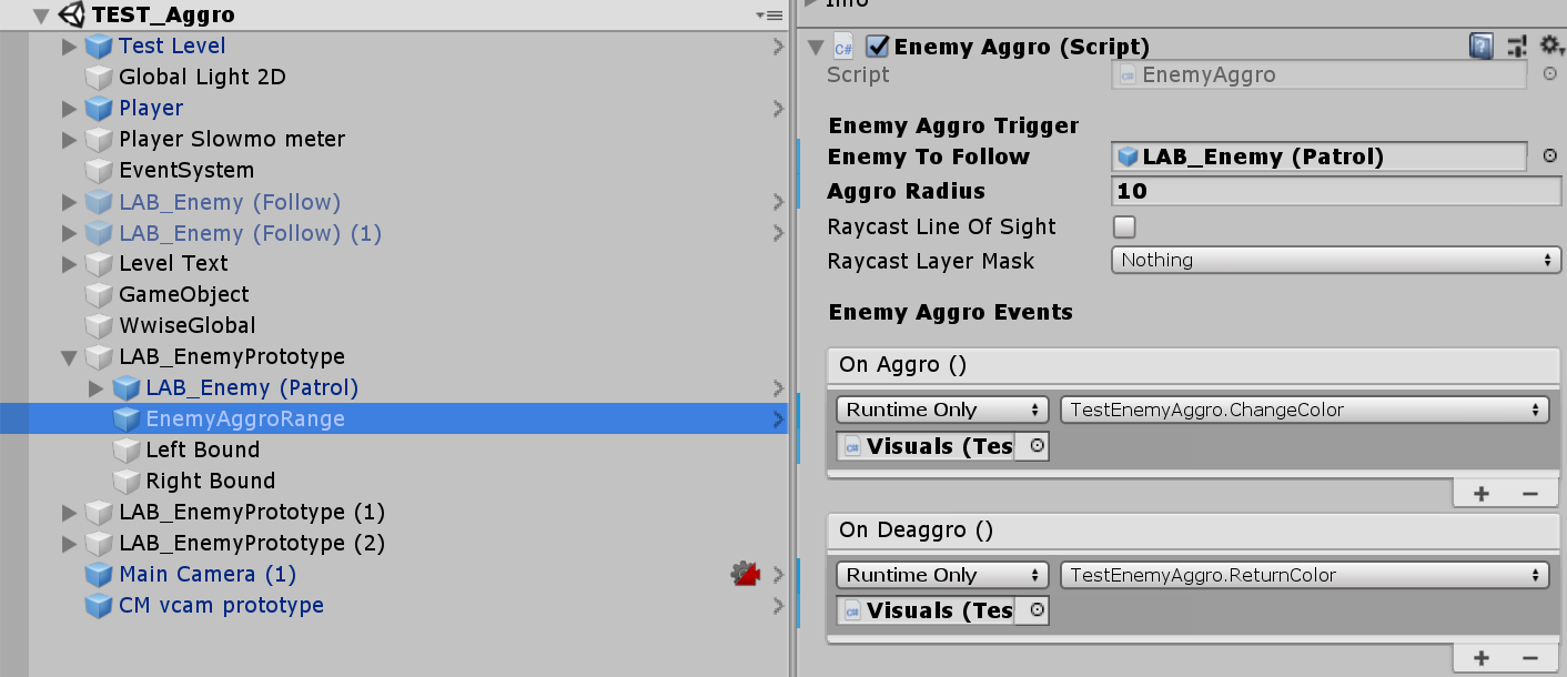 An editor screenshot showing how to use the new EnemyAggro component/prefab.