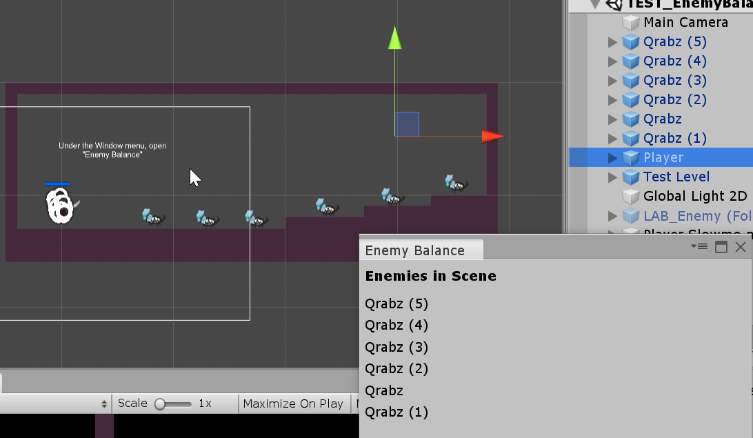 A prototype Enemy Balance window just listing the enemies in the scene